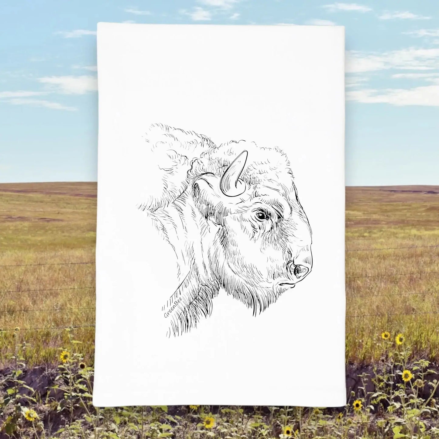 Buffalo Bison Head Face Kitchen Tea Towel Green Bee Tea Towels