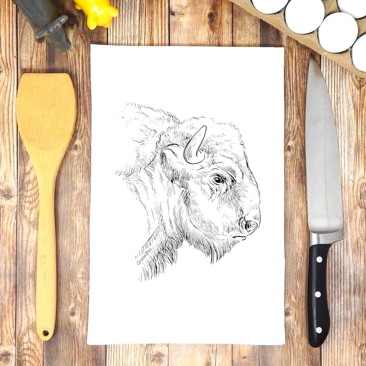 Buffalo Bison Head Face Kitchen Tea Towel Green Bee Tea Towels