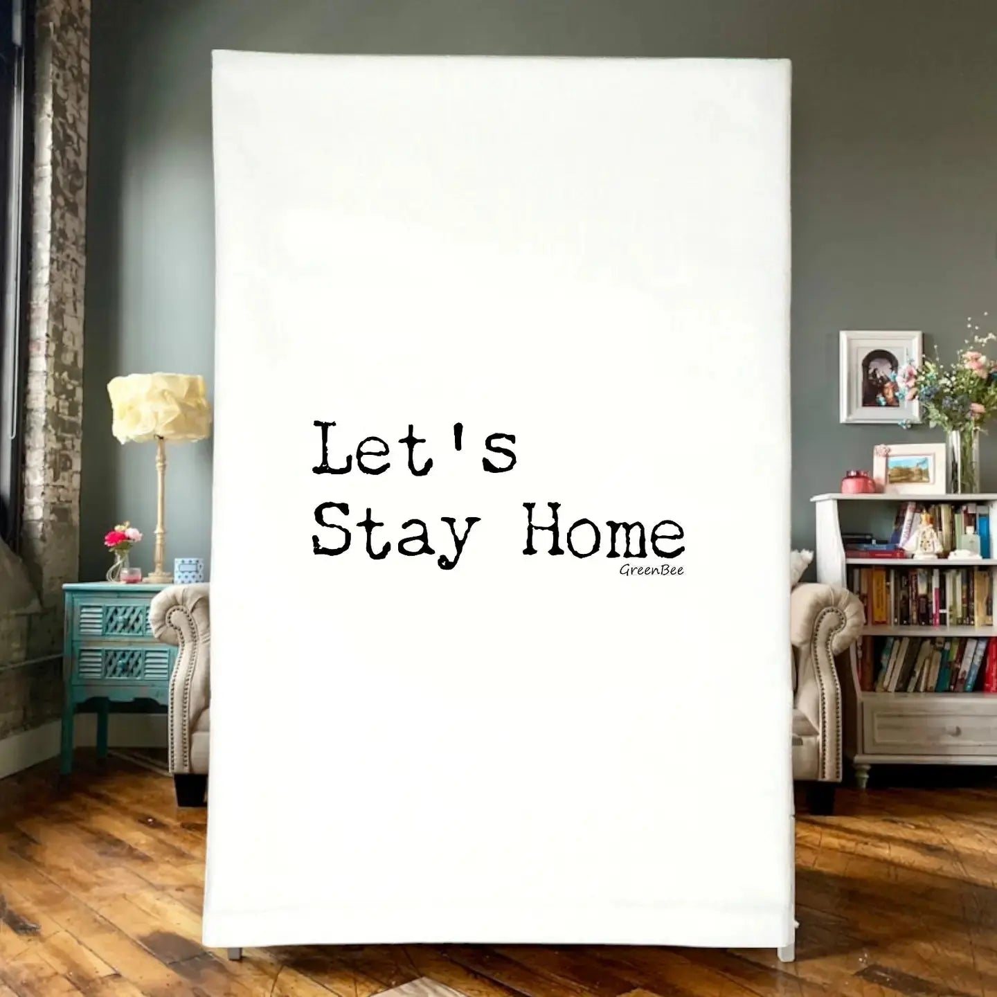 Let's Stay Home Tea Towel Seconds Sale Green Bee Tea Towels