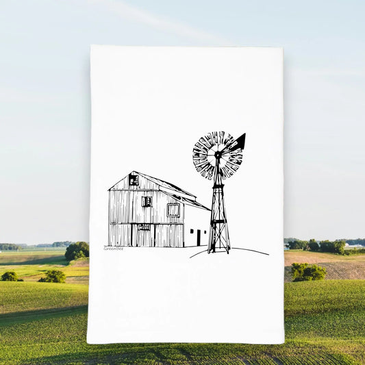 Barn and Windmill Rustic Cotton Kitchen Tea Towel Green Bee Tea Towels