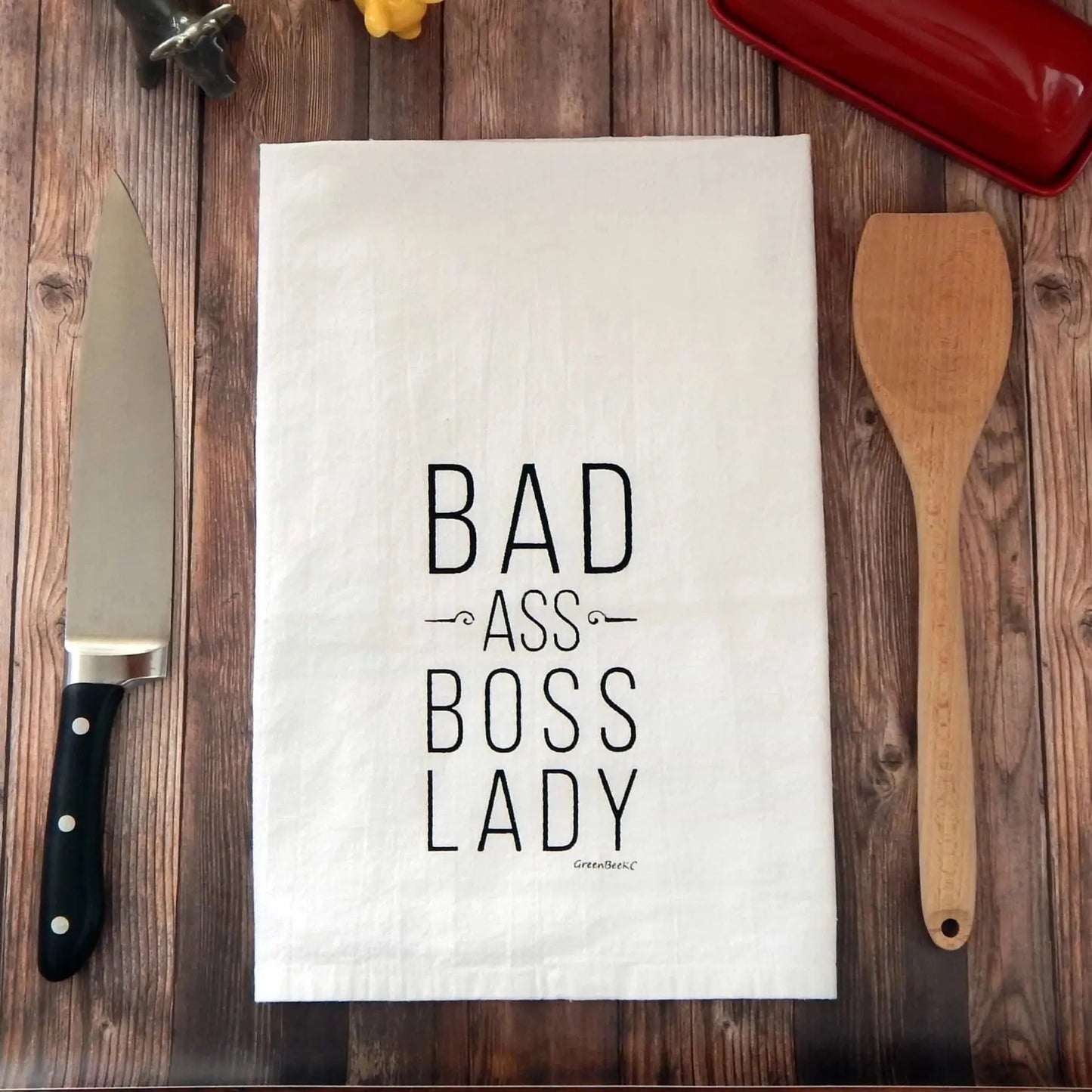 Bad Ass Boss Lady Seconds Sale Tea Towel Black Ink Green Bee Tea Towels