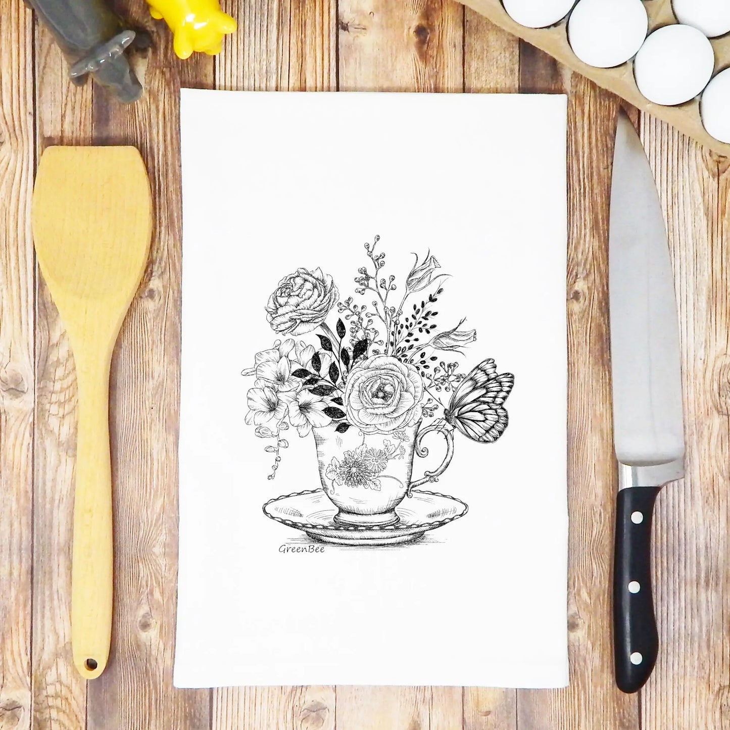 Floral Tea Cup Kitchen Tea Towel Green Bee Tea Towels
