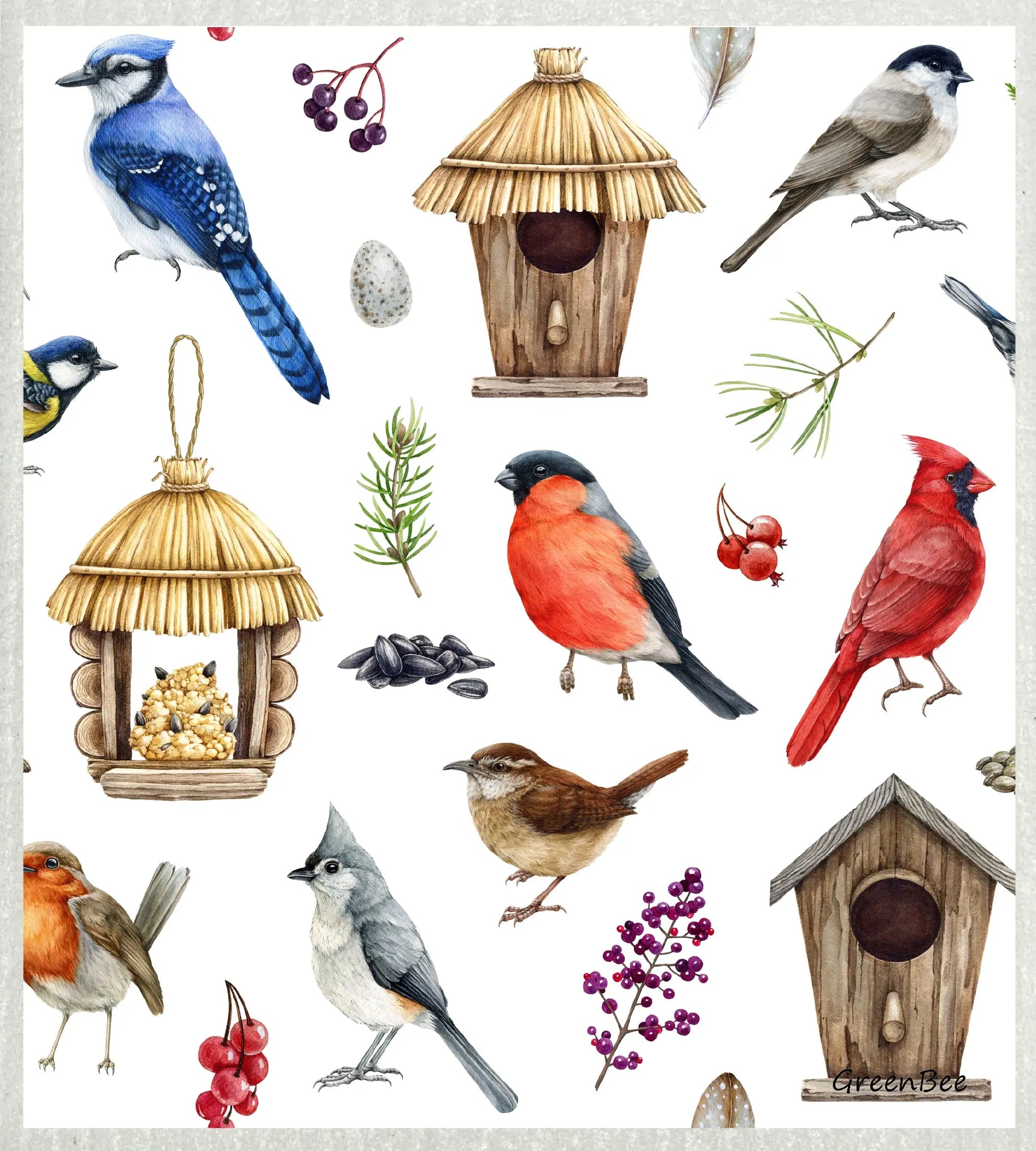 Bird Houses | Kitchen Cloth | Swedish Dishcloth Green Bee Tea Towels
