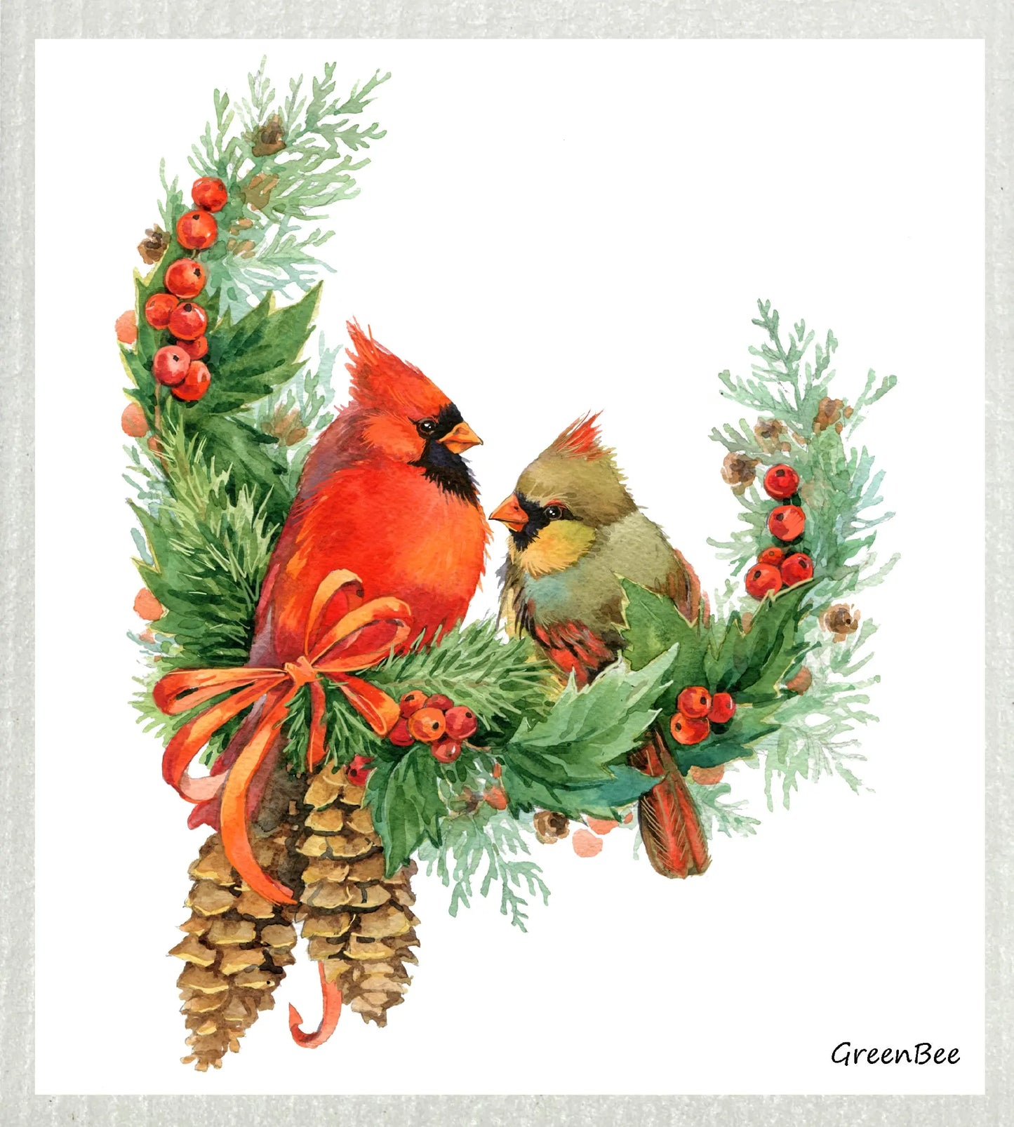 Cardinal Couple | Kitchen Cloth | Swedish Dishcloth Green Bee Tea Towels