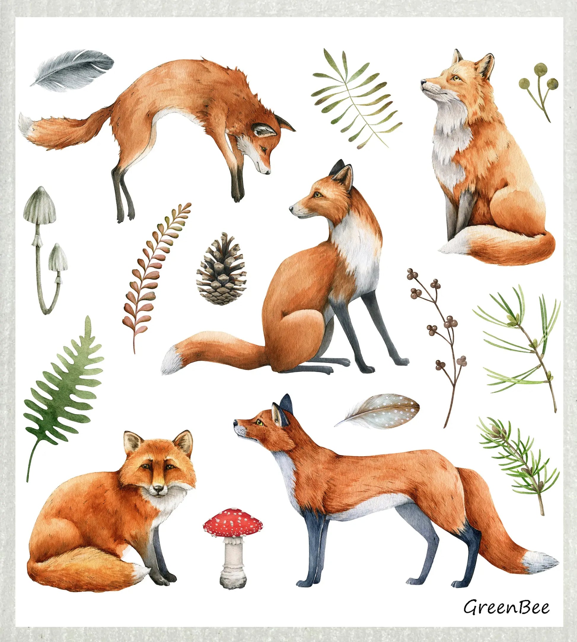 Fox | Kitchen Cloth | Swedish Dishcloth Green Bee Tea Towels