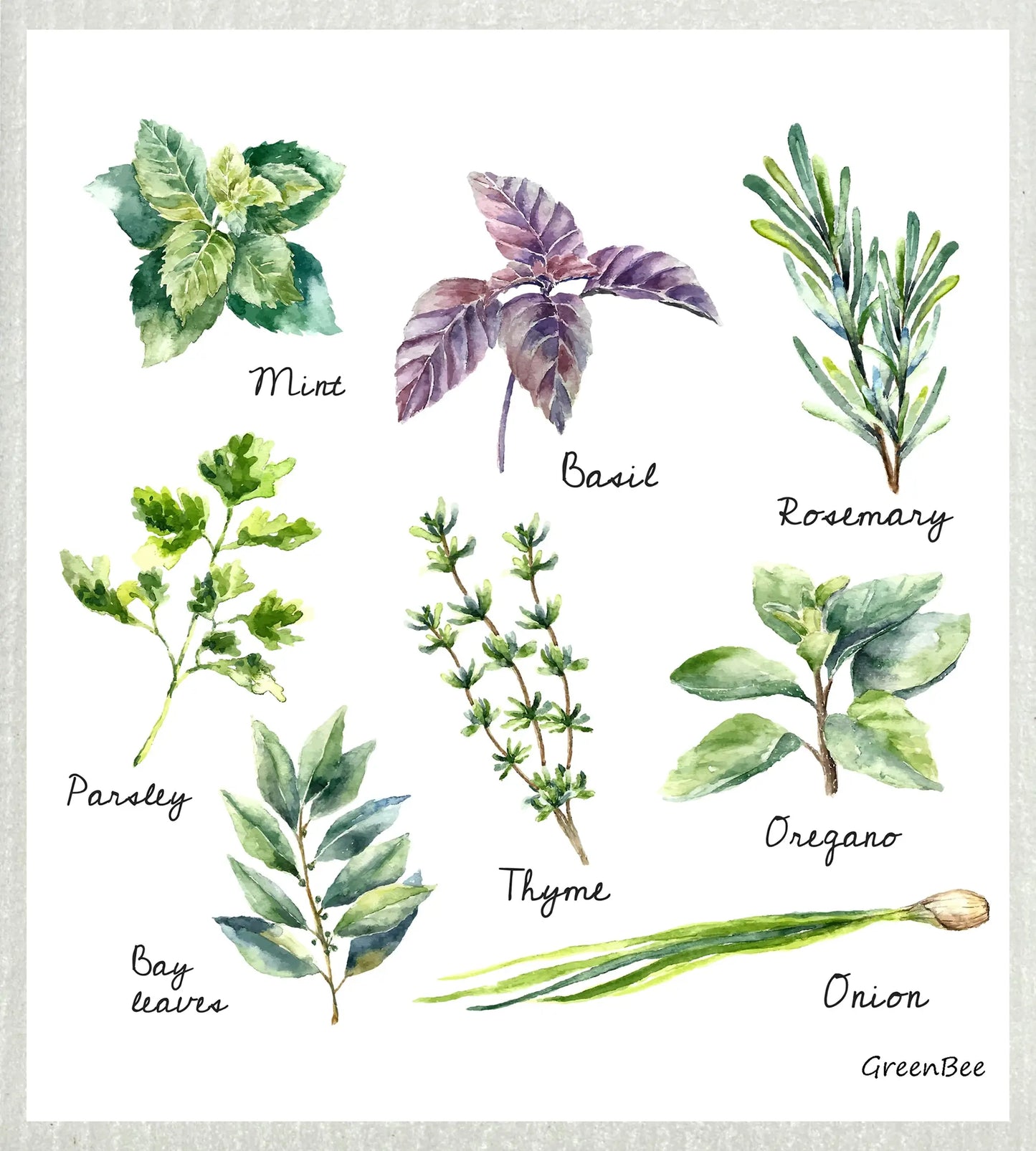 Kitchen Herbs Swedish Dishcloth | Eco-Friendly Reusable Cleaning Cloth Green Bee Tea Towels