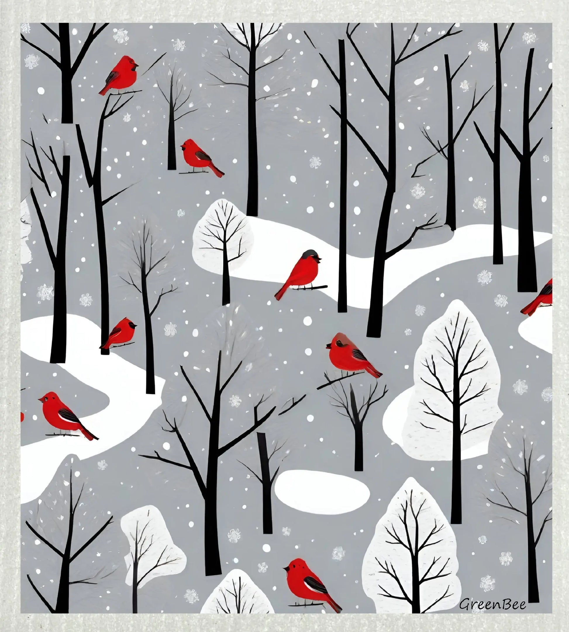 Winter Cardinals | Kitchen Cloth | Swedish Dishcloth Green Bee Tea Towels