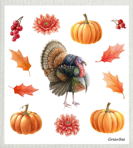 Fall Turkey Pumpkins | Kitchen Cloth | Swedish Dishcloth Green Bee Tea Towels