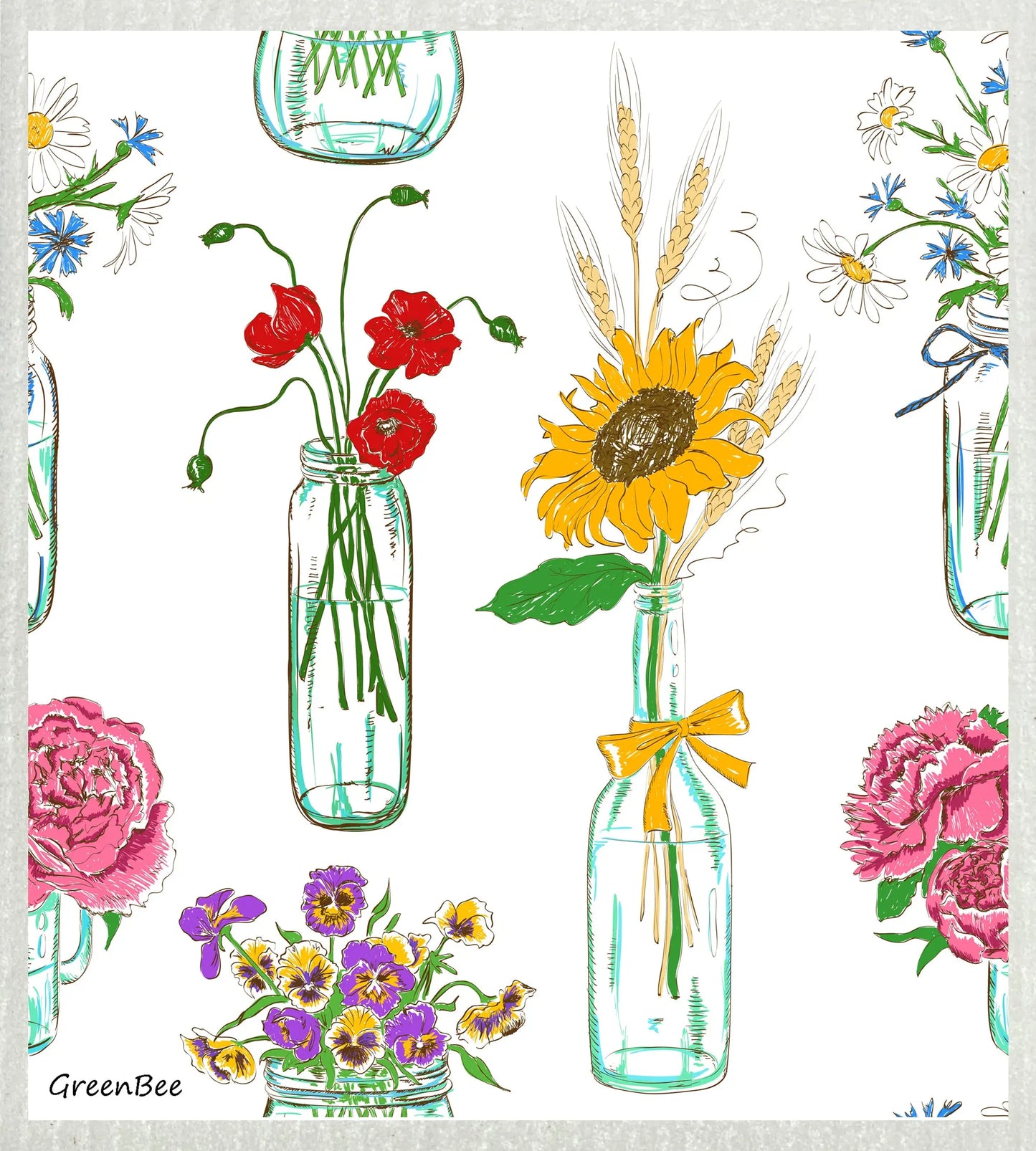 Sunflower Vase | Kitchen Cloth | Swedish Dishcloth Green Bee Tea Towels