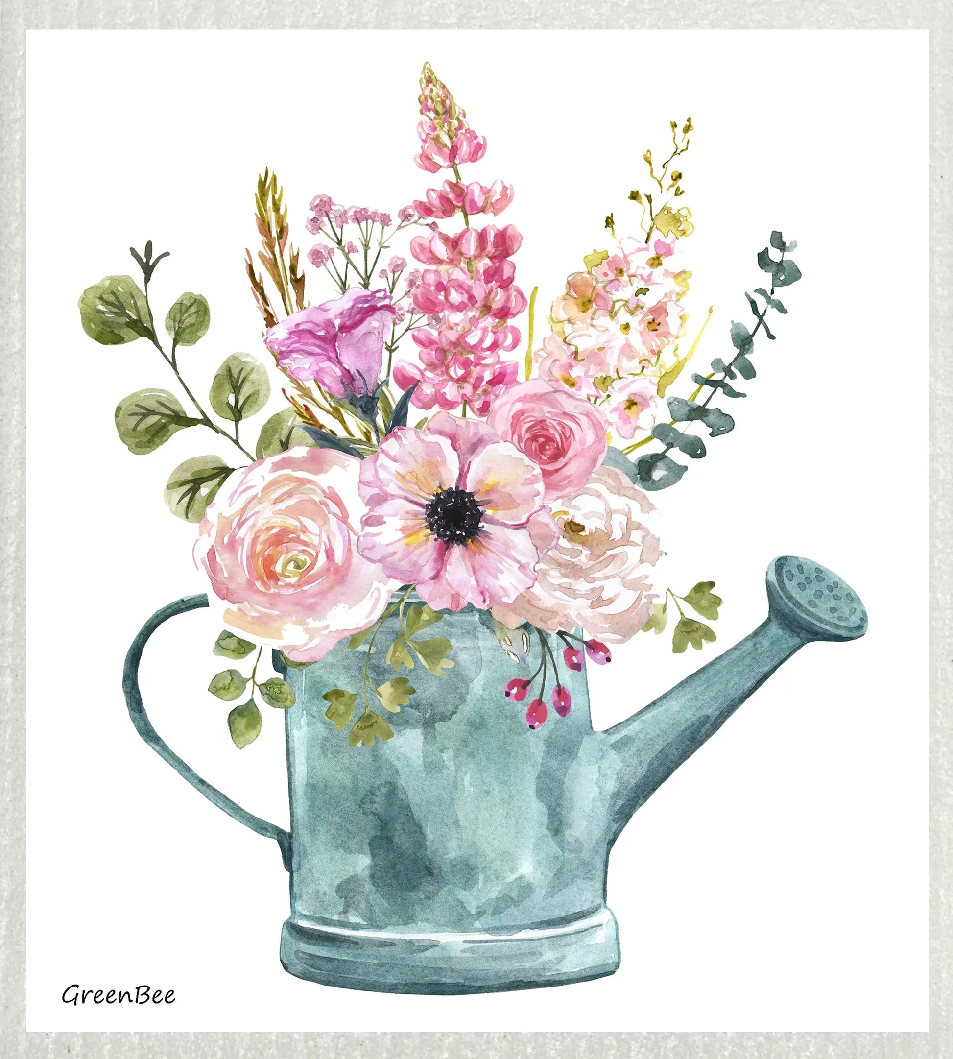 Watering Can Florals | Kitchen Cloth | Swedish Dishcloth Green Bee Tea Towels