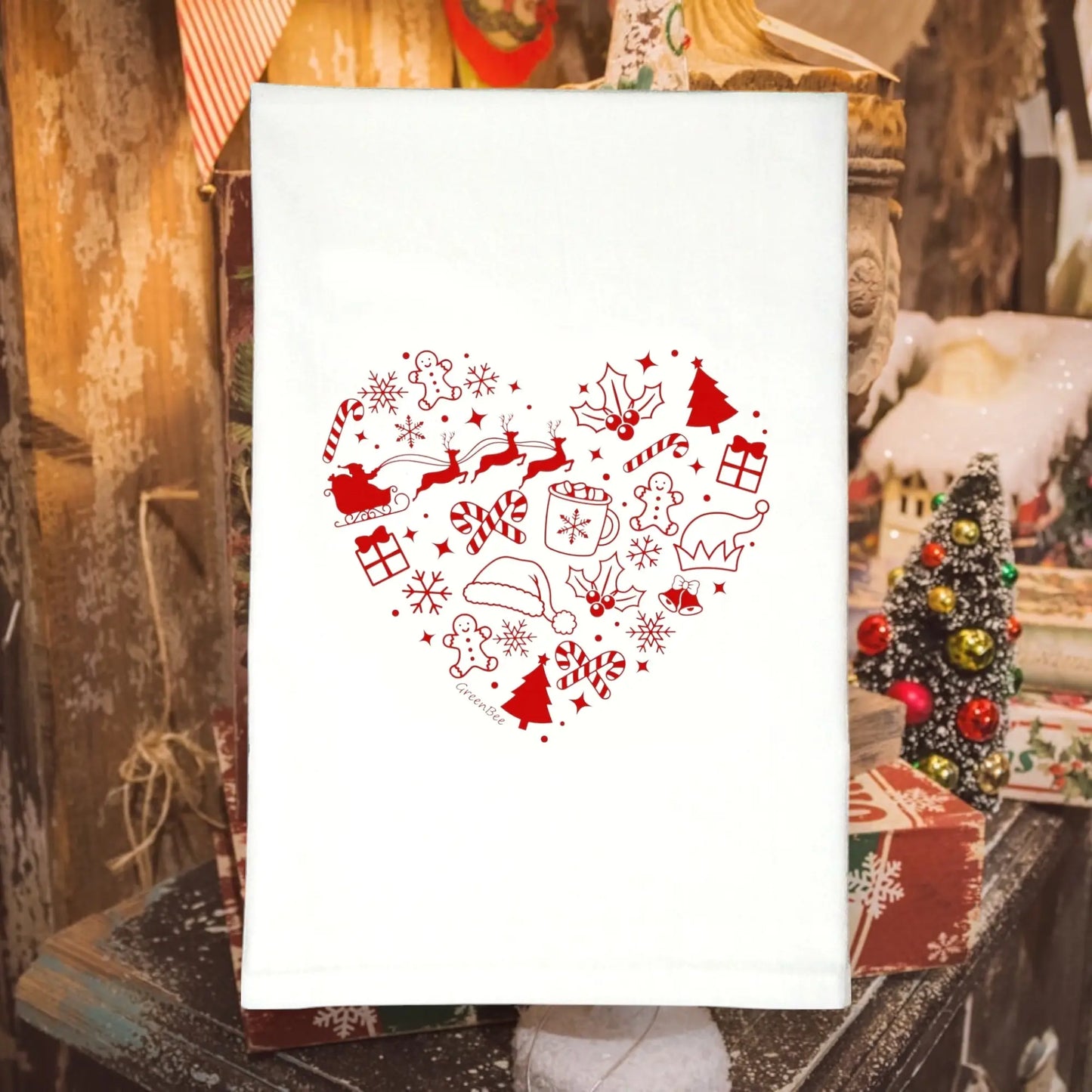 White towel with red Christmas-themed heart design Green Bee Tea Towels