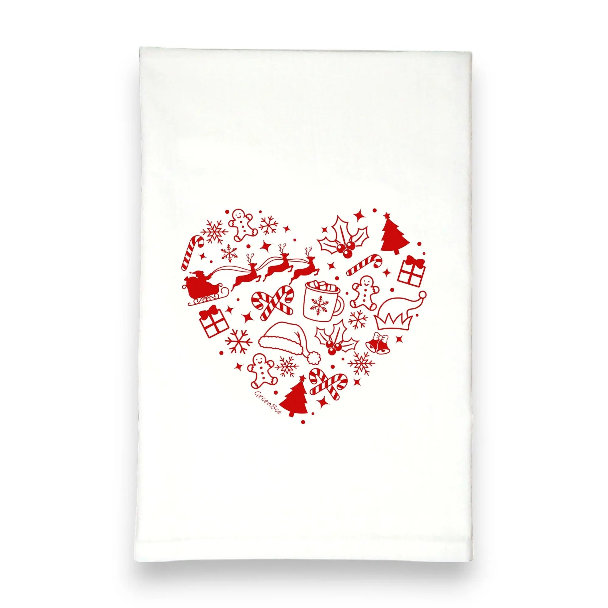 White towel with red Christmas-themed heart design Green Bee Tea Towels