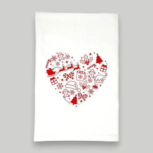White towel with red Christmas-themed heart design Green Bee Tea Towels