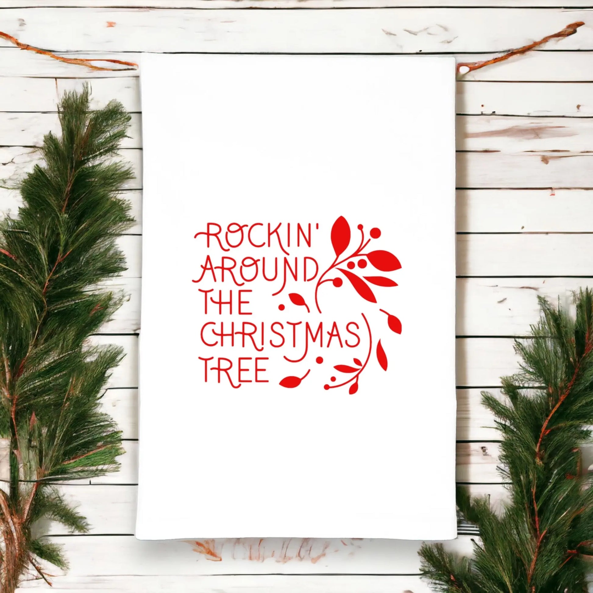 rockin around the Christmas tree kitchen tea towel
