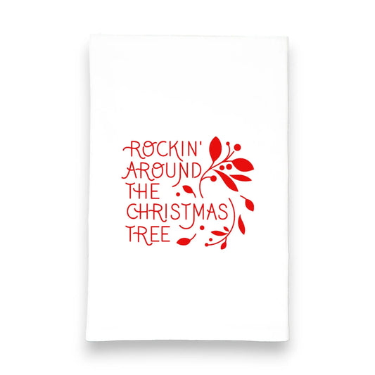 rockin around the Christmas tree kitchen tea towel