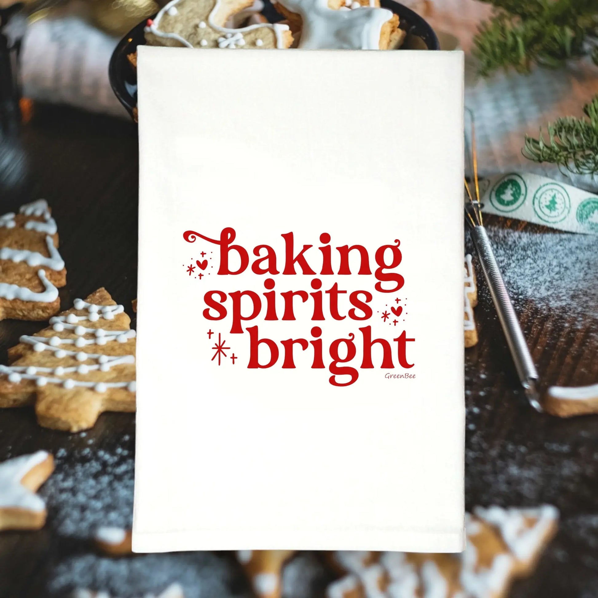 baking spirits bright Christmas Kitchen Towel Green Bee Tea Towels