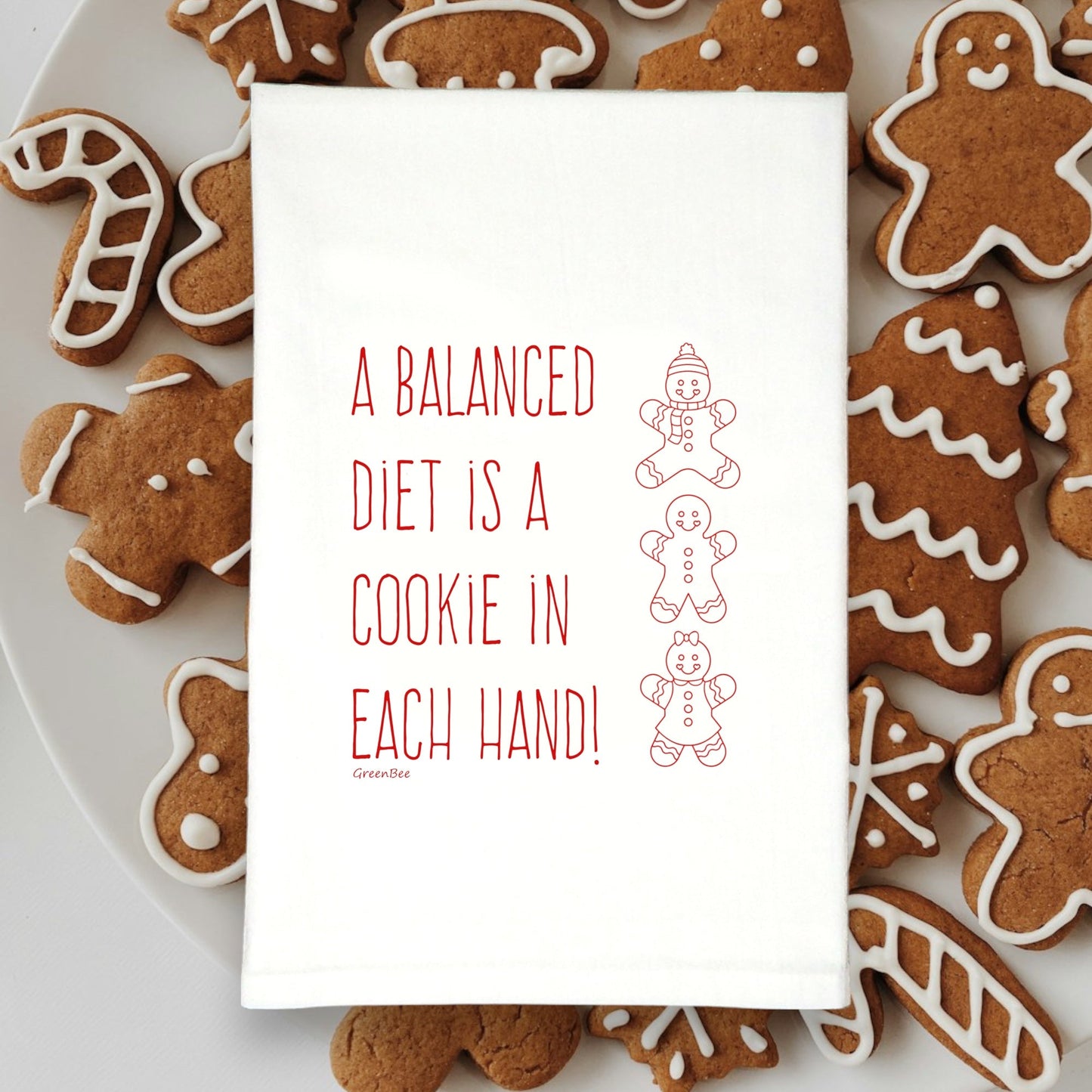 Christmas Cookie Gingerbread Man Tea Towel | Holiday Kitchen Towel | Cotton Dish Towel Green Bee Tea Towels