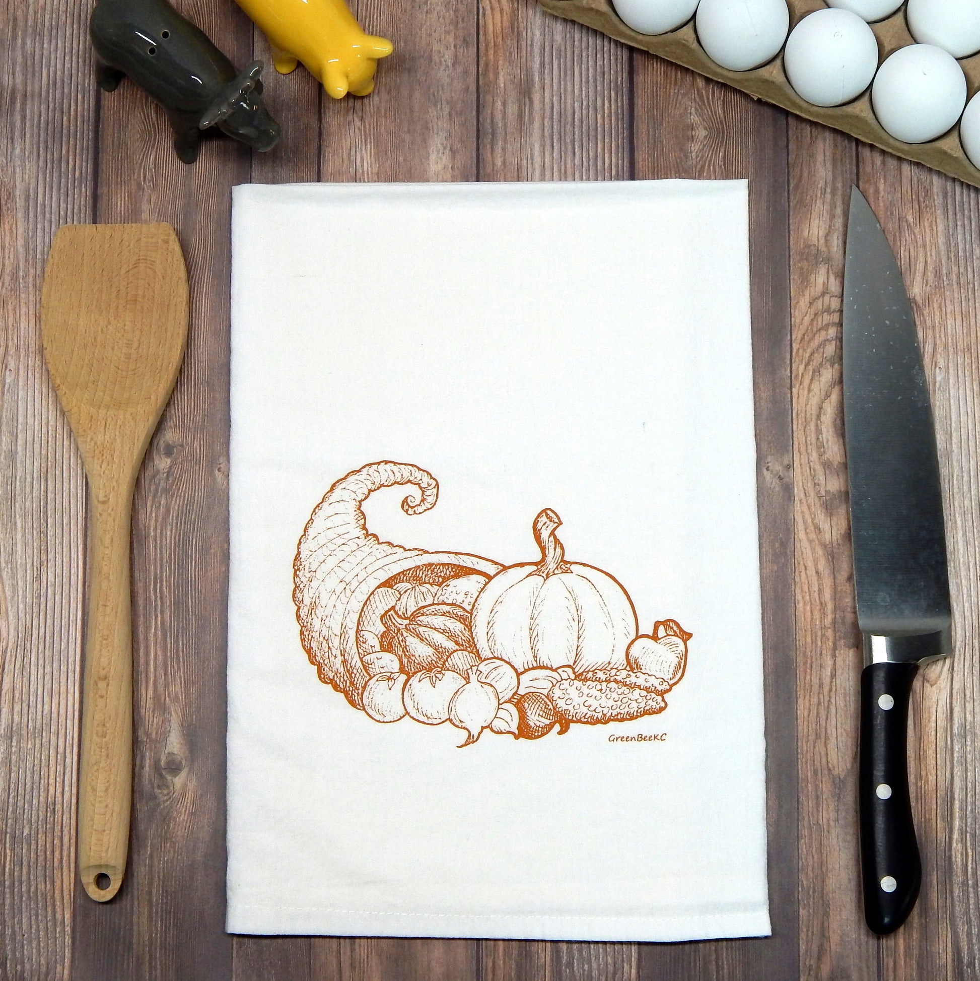 Cornucopia Kitchen Towel | Harvest Tea Towel | Thanksgiving Cotton Dish Towel Green Bee Tea Towels