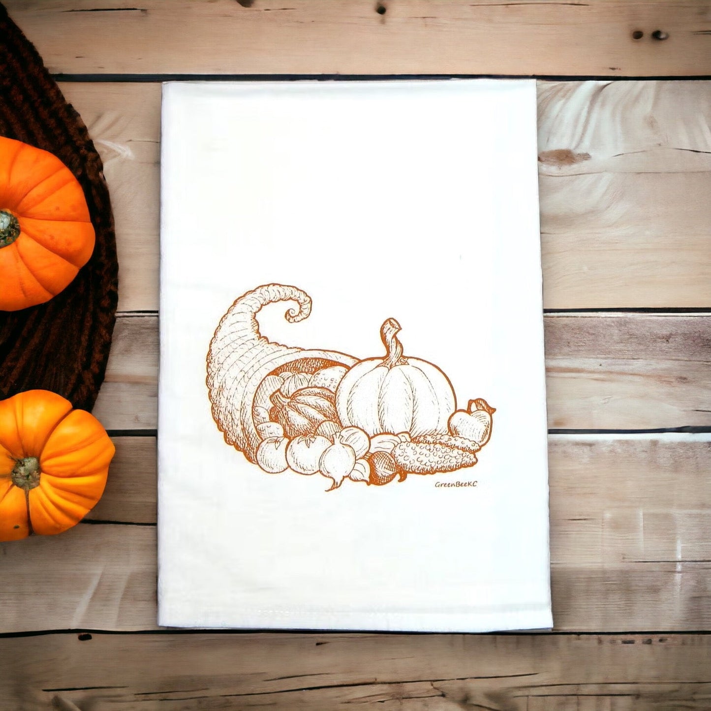 Cornucopia Kitchen Towel | Harvest Tea Towel | Thanksgiving Cotton Dish Towel Green Bee Tea Towels