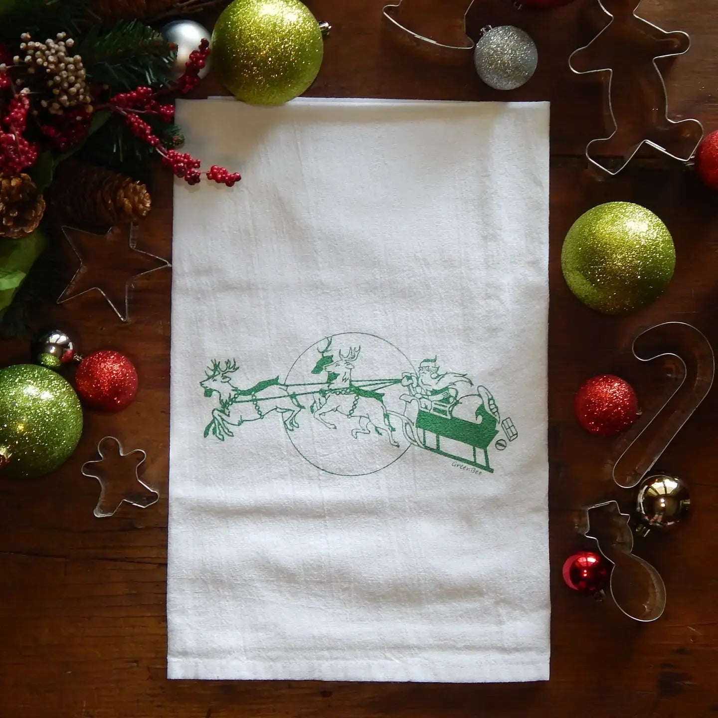 Santas Sleigh Kitchen Towels Green Bee Tea Towels
