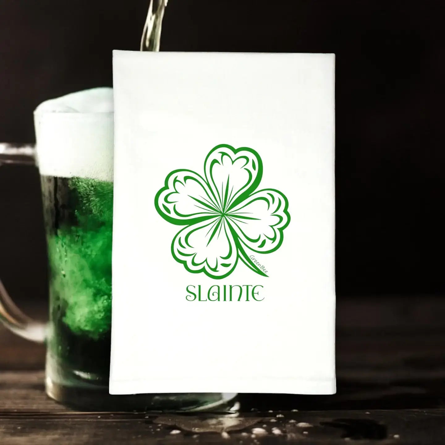Slainte four leaf clover st patricks day Kitchen Towel Green Bee Tea Towels 