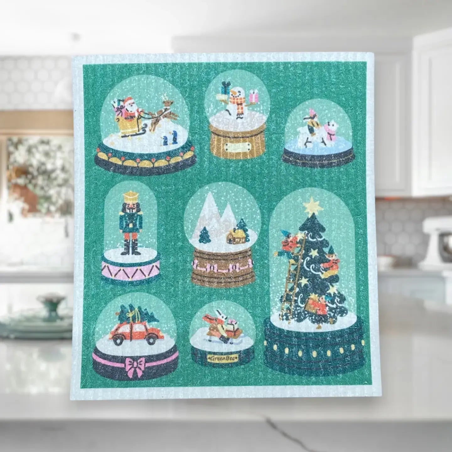 Snow Globes Towel | Kitchen Cloth | Swedish Dish Cloth Green Bee Tea Towels