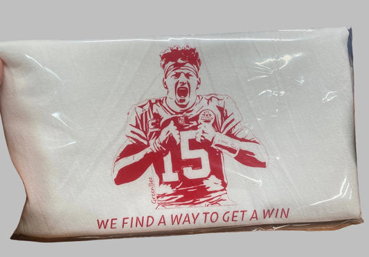 A white kitchen towel with a red graphic print of a football player and the text 'WE FIND A WAY TO GET A WIN' on it.