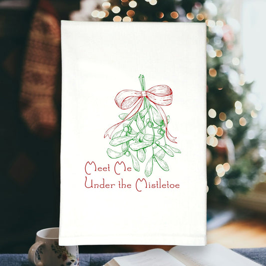 Meet Me Under the Mistletoe | Christmas Tea Towel | Holiday Cotton Dish Towel Green Bee Tea Towels