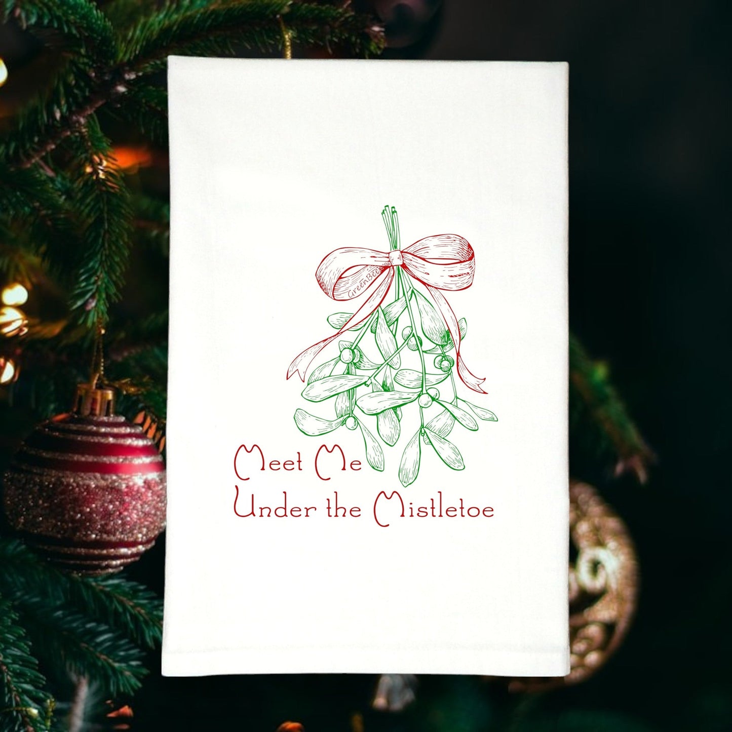 Meet Me Under the Mistletoe | Christmas Tea Towel | Holiday Cotton Dish Towel Green Bee Tea Towels
