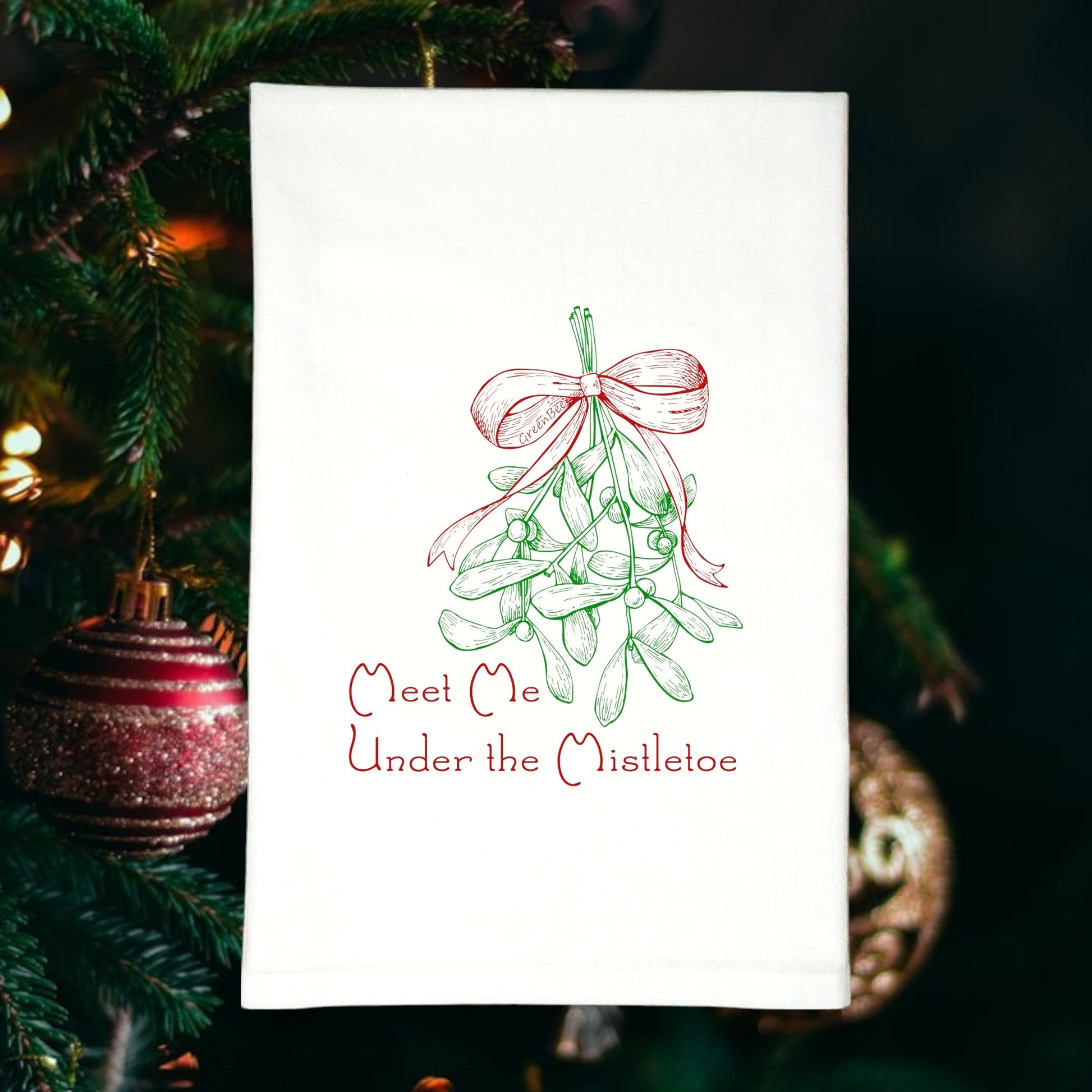 Meet Me Under the Mistletoe | Christmas Tea Towel | Holiday Cotton Dish Towel Green Bee Tea Towels