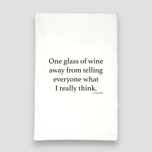 One Glass Away Kitchen Towel | Wine Lover Tea Towel | Funny Cotton Dish Towel Green Bee Tea Towels