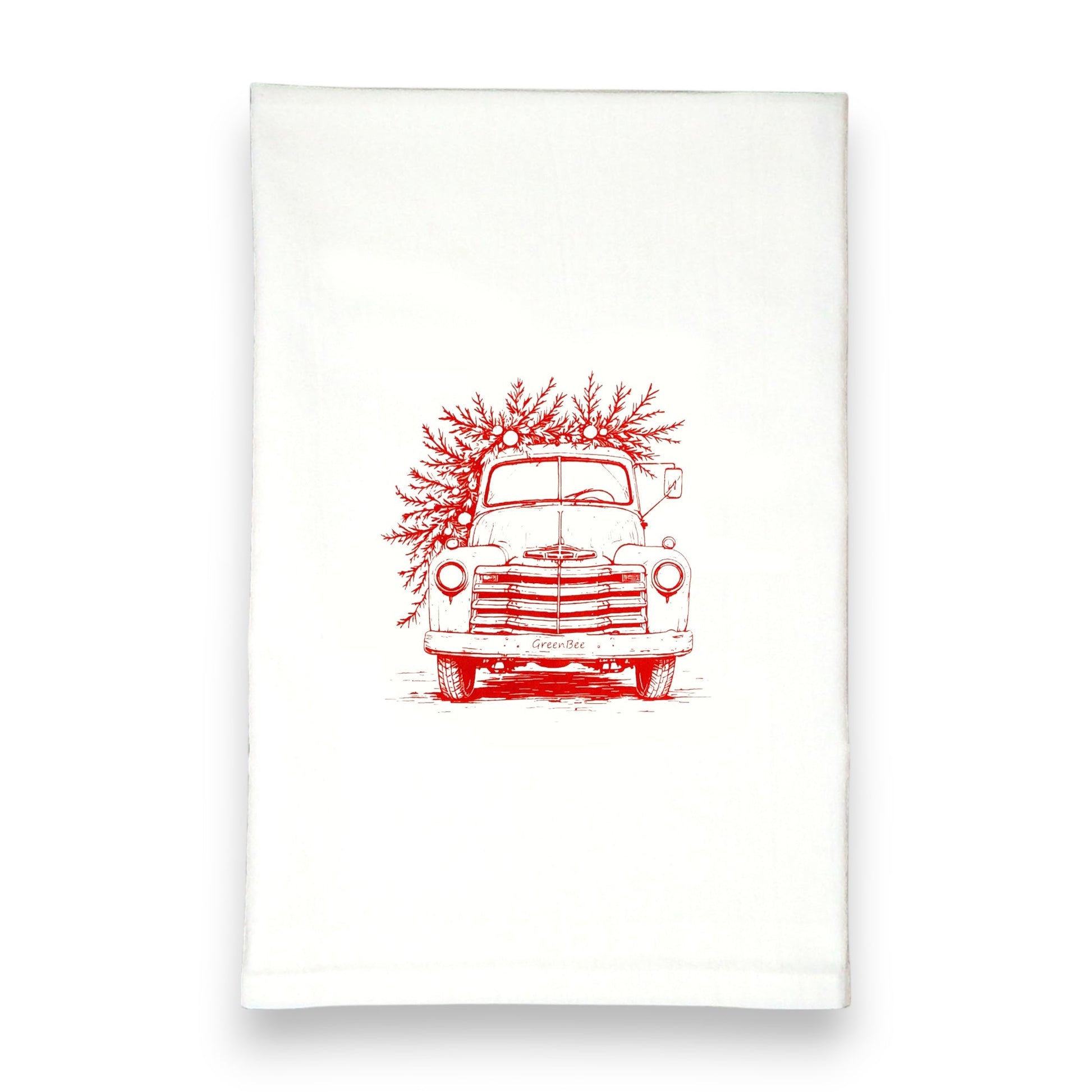Little Red Christmas Truck Tea Towel - Holiday Kitchen Decor Green Bee Tea Towels