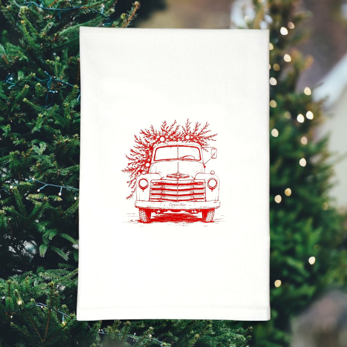 Little Red Christmas Truck Tea Towel - Holiday Kitchen Decor Green Bee Tea Towels