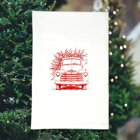 Little Red Christmas Truck Tea Towel - Holiday Kitchen Decor Green Bee Tea Towels