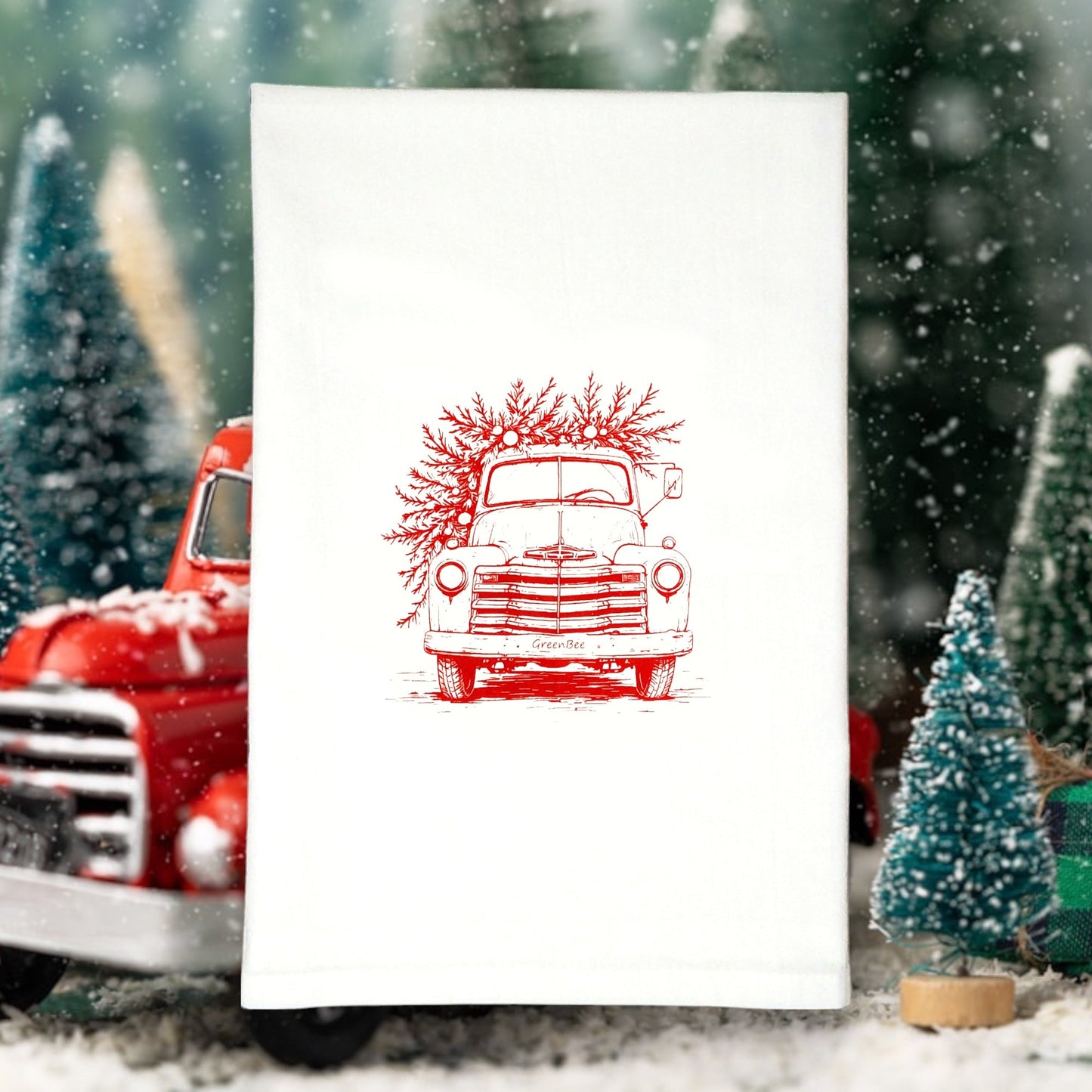 Little Red Christmas Truck Tea Towel - Holiday Kitchen Decor Green Bee Tea Towels